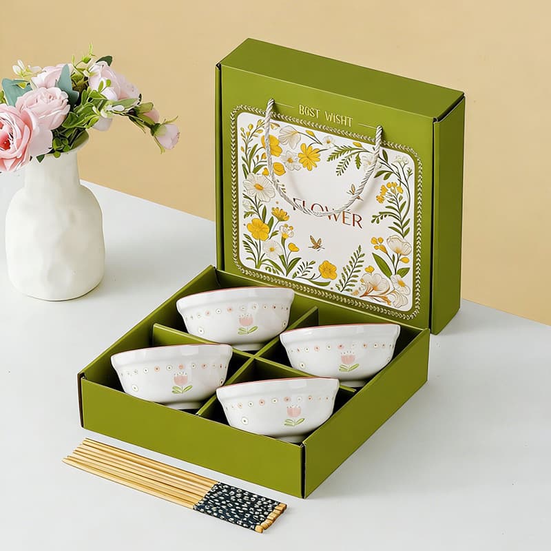 Ceramic Dinnerware Bowl Set Gift Box, High-Aesthetic Ceramic Bowls, Export Bowl, Chopstick & Spoon Set, Business Opening Event Small Gift Wholesale