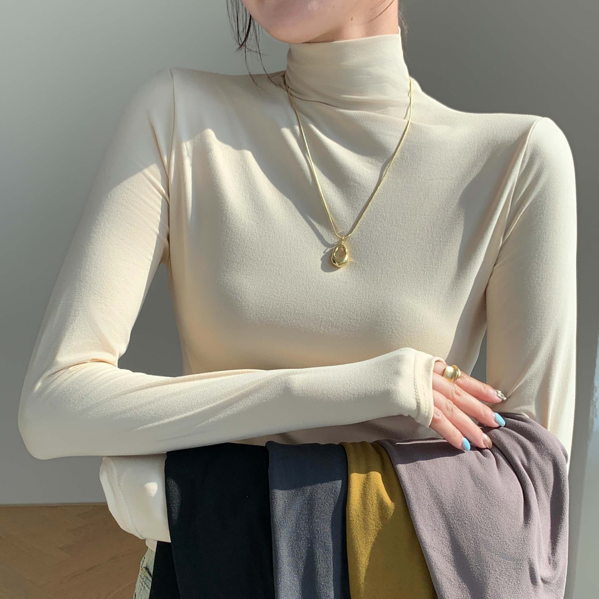 H528 Half-Turtleneck Mask Top for Women, Inner Wear Autumn/Winter Brushed Base Layer Slim Fit Warm Outer Wear Long-Sleeve T-Shirt Top