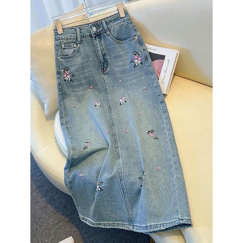 Mid-Length Denim Skirt for Women 2026 Spring Summer New High-Waist Back Slit Embroidered A-Line Bodycon Skirt