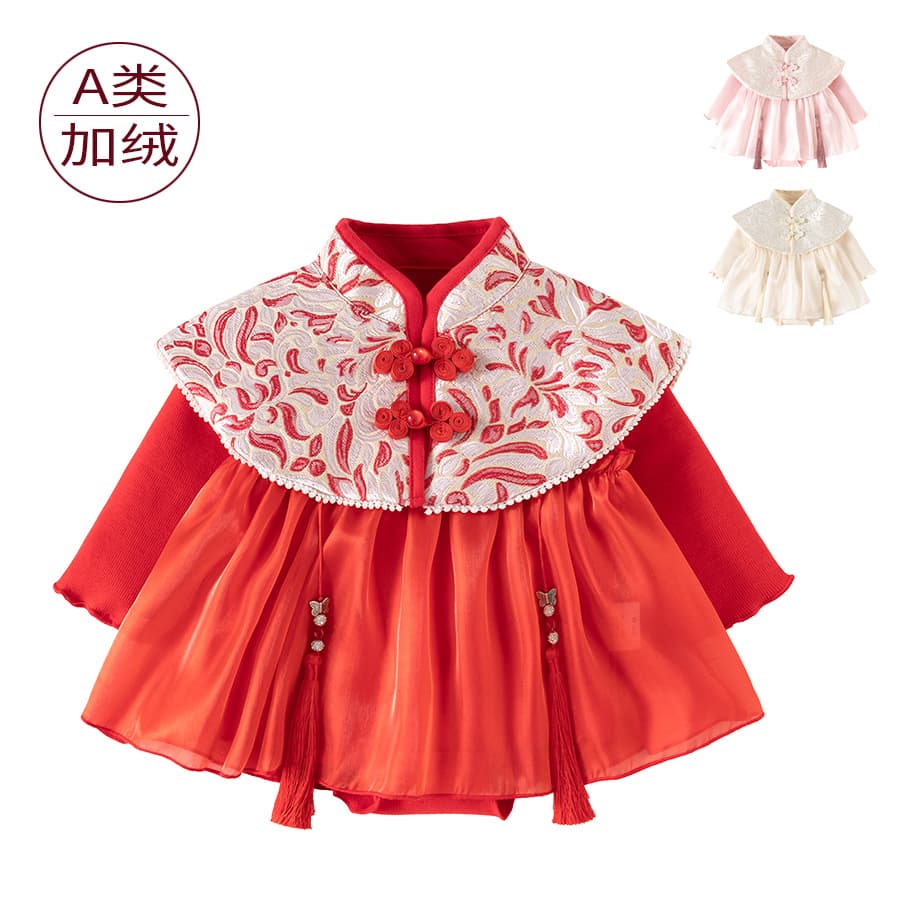 Chinese style red baby New Year's greeting dress baby winter velvet skirt one-year-old skirt dress