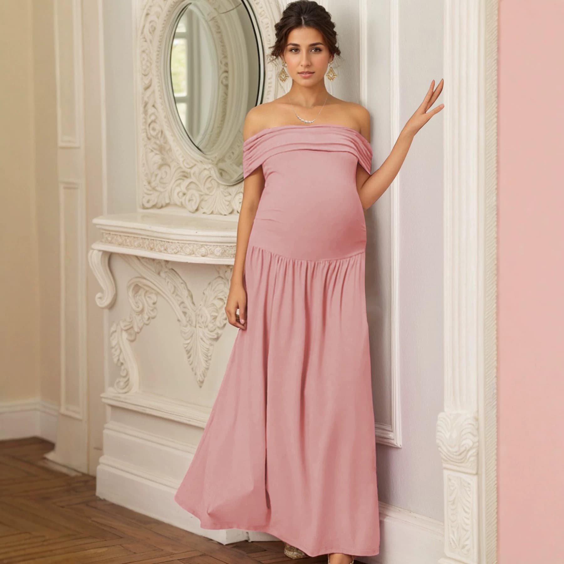 French one-shoulder, high-waisted A-line maternity dress, pregnancy photo, banquet dress, pregnant woman photo