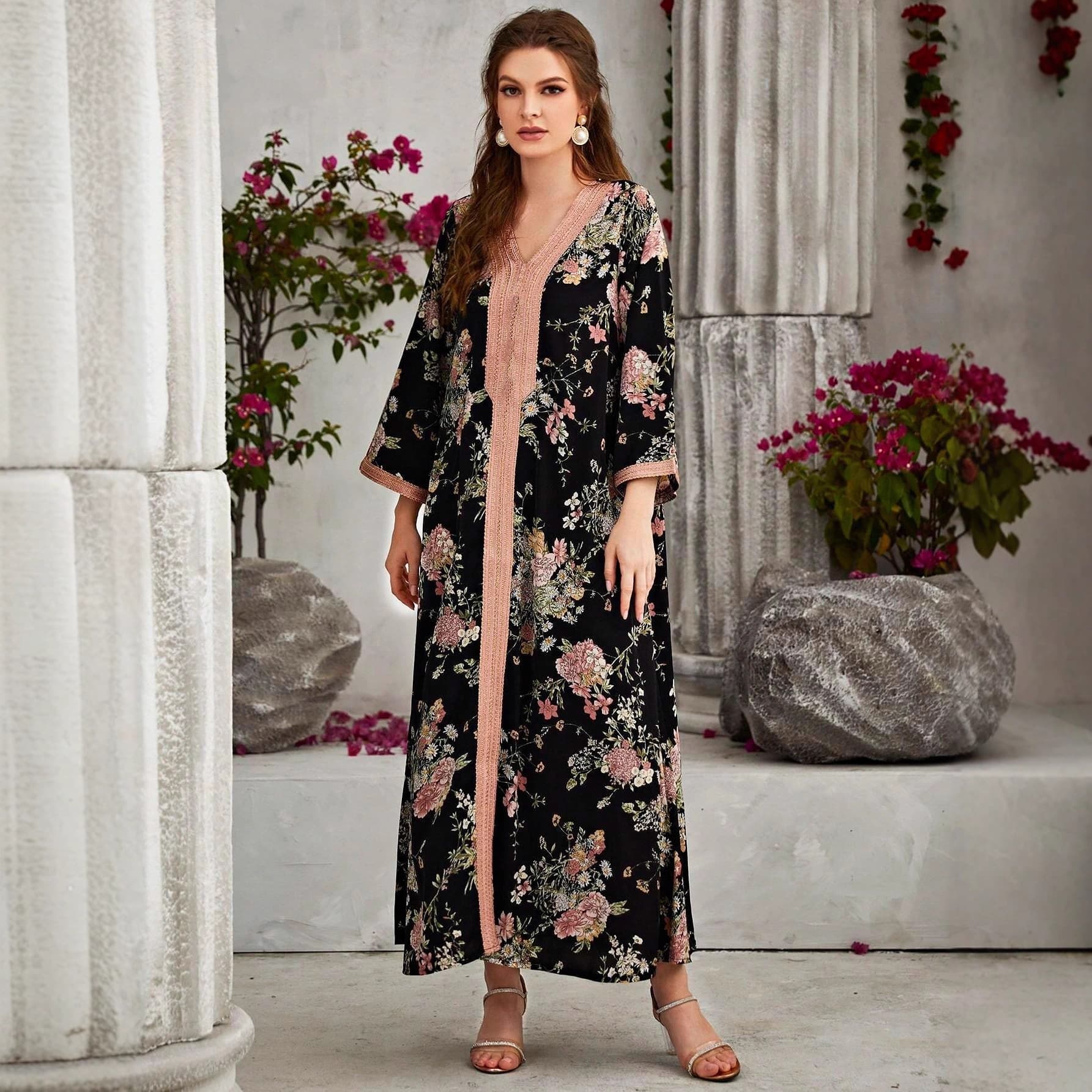 Amazon Cross-Border Best-Selling Abaya Women Dresses Floral Print Dress