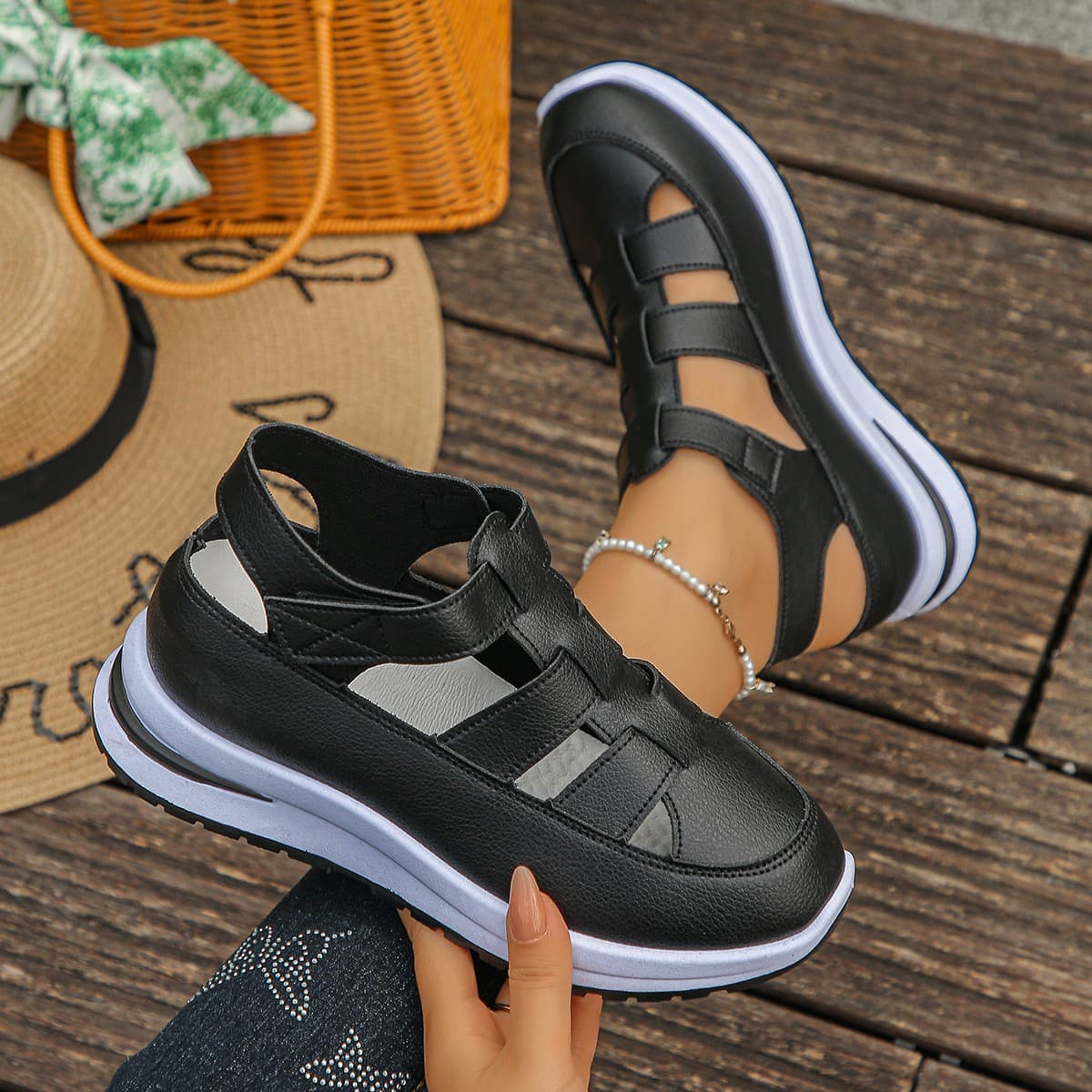 2026 Hollow Foreign Trade Large Size Casual Thick Sole Velcro Breathable Women's Shoes Summer New Wedge Heel Baotou Sandals