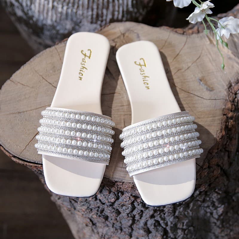 Fashion Solid Color Rhinestone Pearl Flat Slippers for Women, Summer New One-Step Home Slippers