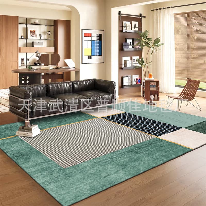 Vintage Green Geometric Home-Printed Living Room Carpet, Full-Cover Light Luxury Abstract Nordic Carpet, Floor Mat, In-Stock Coffee Table Rug