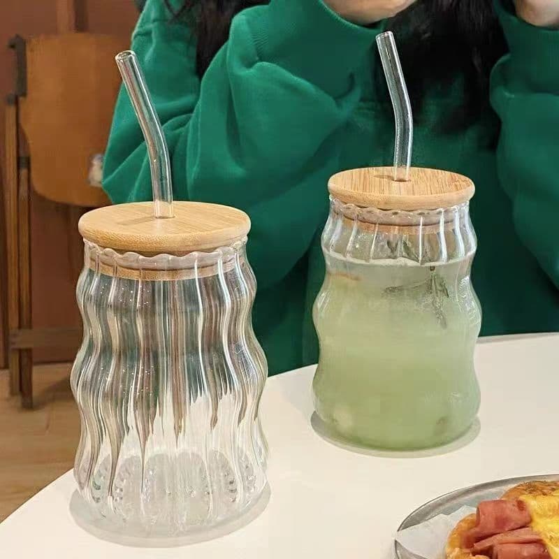 Borosilicate Glass Cloud Mug Iced Americano Latte Coffee Cup Ins High Temperature Resistant Water Cup Milk Cup Vertical Stripe Straw
