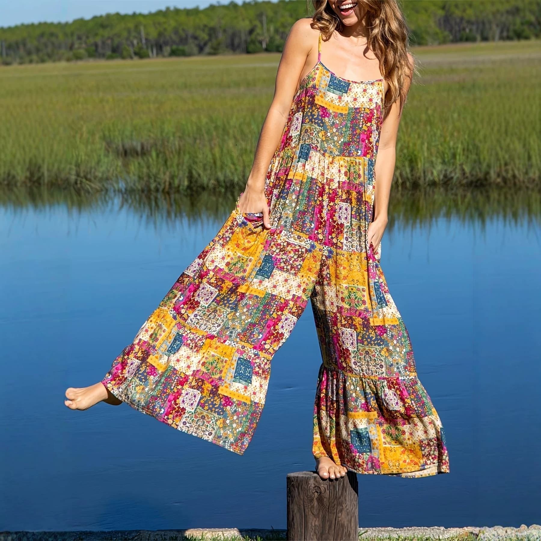 Women's Sleeveless Print Pocket Overalls, Ruffle Hem Loose Wide Leg Jumpsuit, Overseas Warehouse