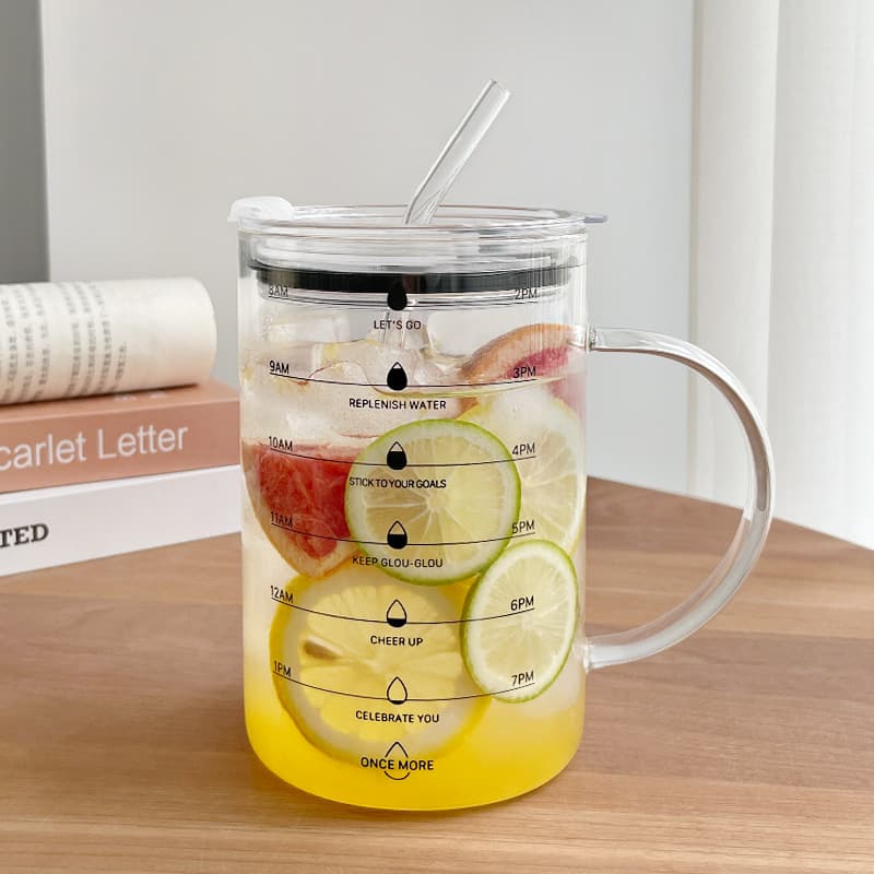Trendy Large Capacity Borosilicate Glass Cup with Handle and Straw for Home Office Milk Juice Beverage