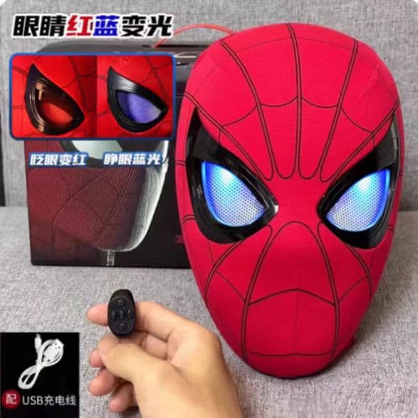 (Premium) Cross-border Spider-Man Headpiece with Motorized Moving Eyes, Blinking Light-Up Mask, Halloween Cosplay Helmet Toy