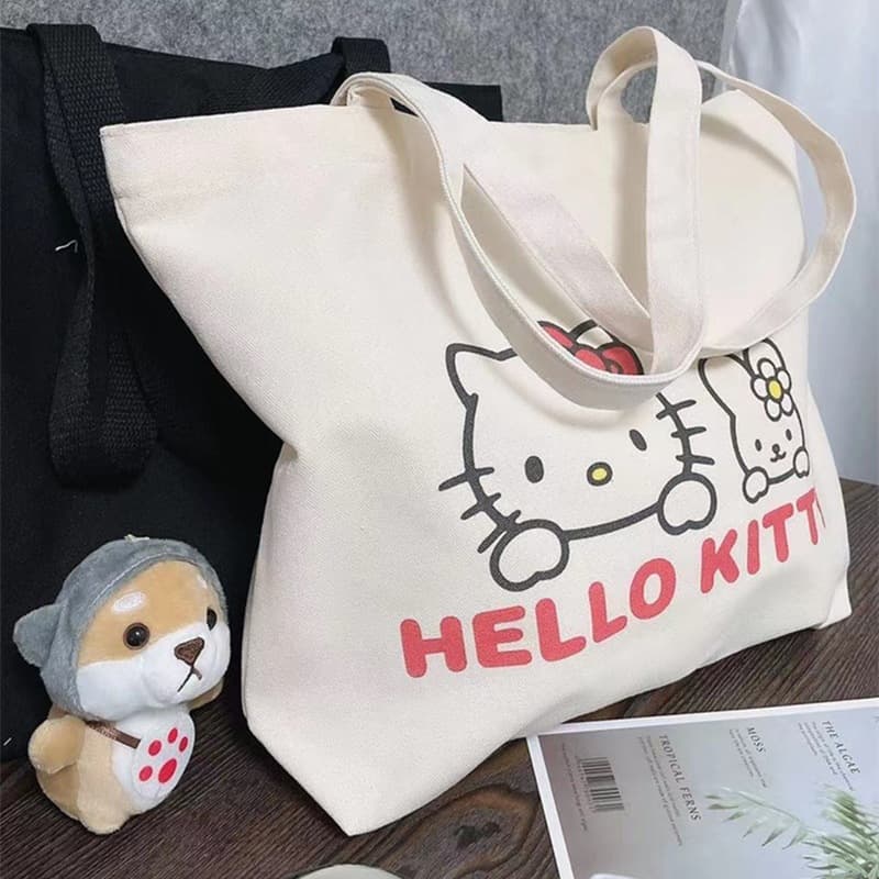 HELLO KITTY Cartoon Print Canvas Bag Shoulder Bag Foldable Bag Student Shopping Tote Global Export
