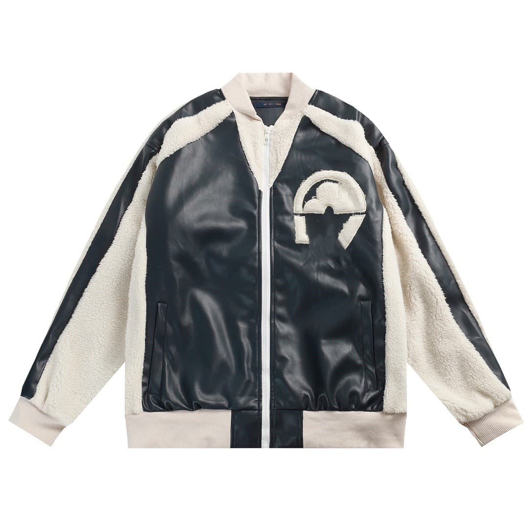 Casual Stitched Letter Lamb Fur Spliced Leather Baseball Jacket Men's Loose Fit Outerwear Soft Comfortable Breathable Coat