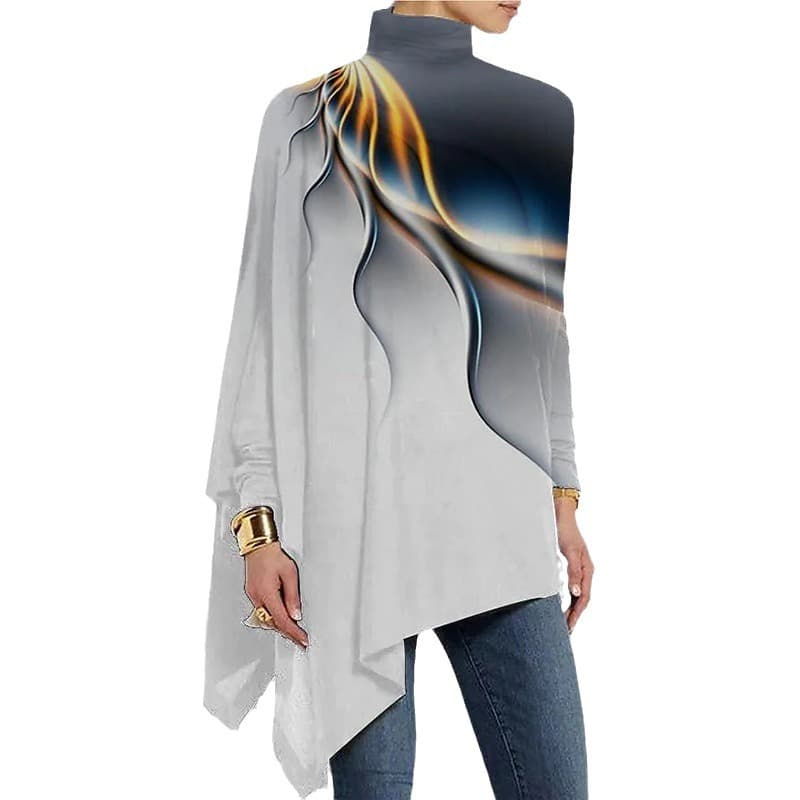 Cross-border Amazon AliExpress Spring/Autumn Hot Style Irregular Hem Loose Casual Printed Long-Sleeve High-Neck Base Layer Top