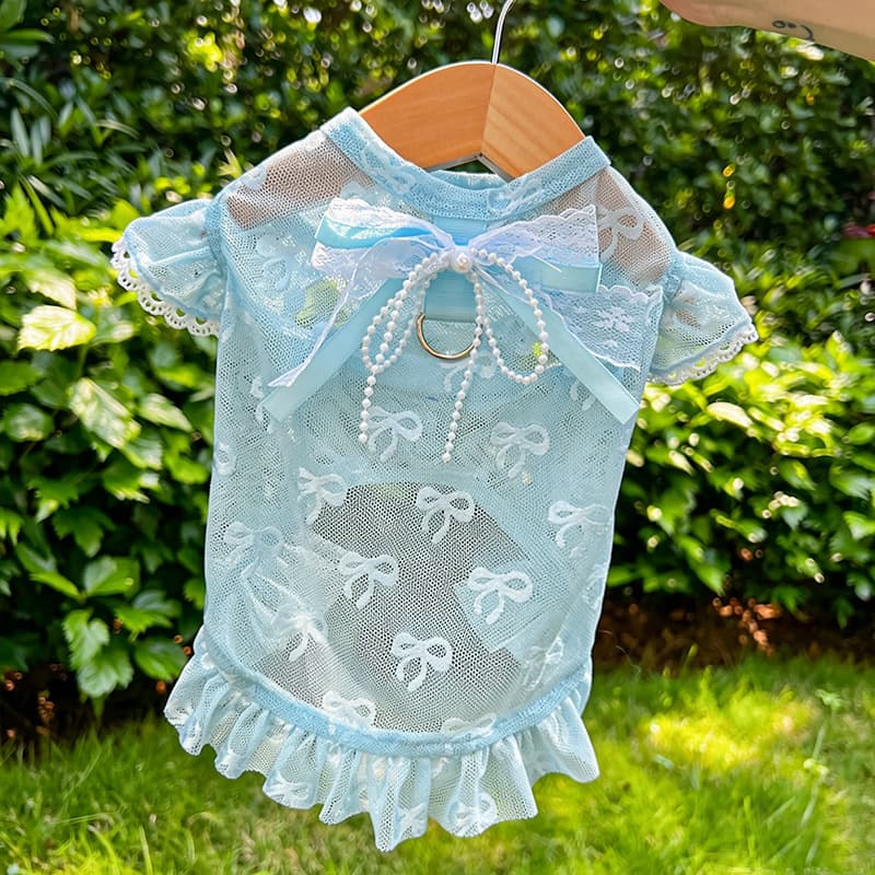 Summer Lightweight Mesh Bowtie Pet Dog Cat Clothing with Leash Hole, Anti-Shedding, Flutter Sleeves, for Small and Medium Breeds