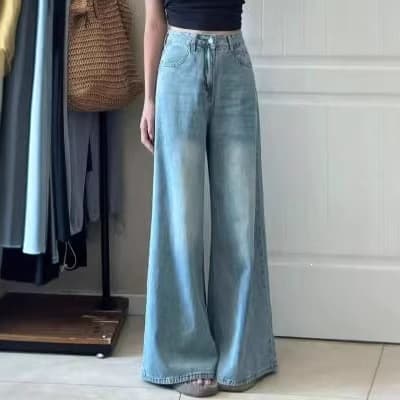 Crinkled Washed Wide-Leg Denim Jeans for Men and Women, Spring/Autumn Loose Fit, High-Waist Straight-Leg with Draping Floor-Length Design