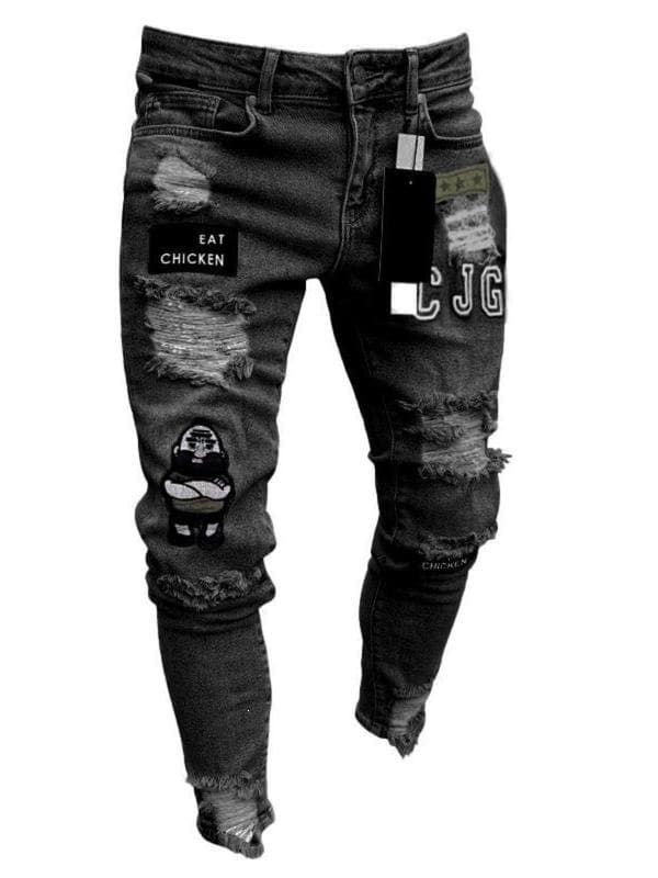 T 25903 Men's Skinny Jeans with Ho Badge Ripped Emblem Jeans