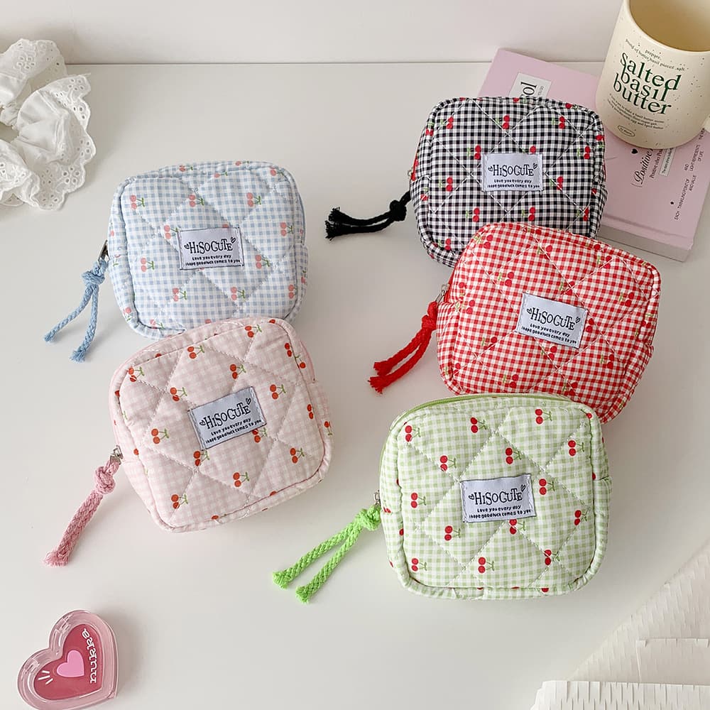Korean version of small cherry plaid square bag for students with high-looking sanitary napkin storage bag, portable headphone bag, lipstick bag