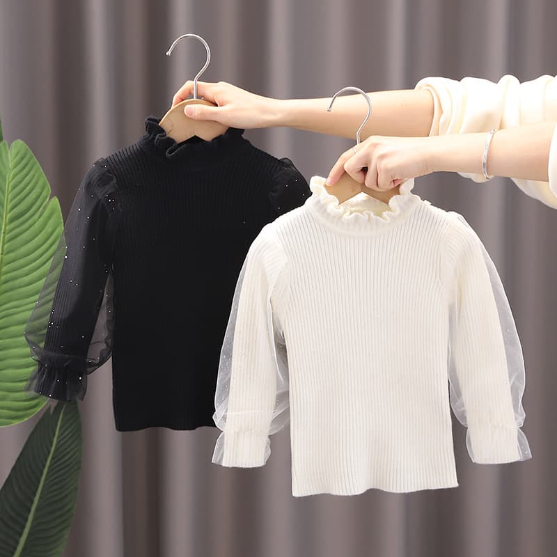Girls' Sweater Undershirt 2022 Winter Long Sleeve Pullover Knit Top Inner Layer Baby Knitwear Black and White Mesh Sleeves