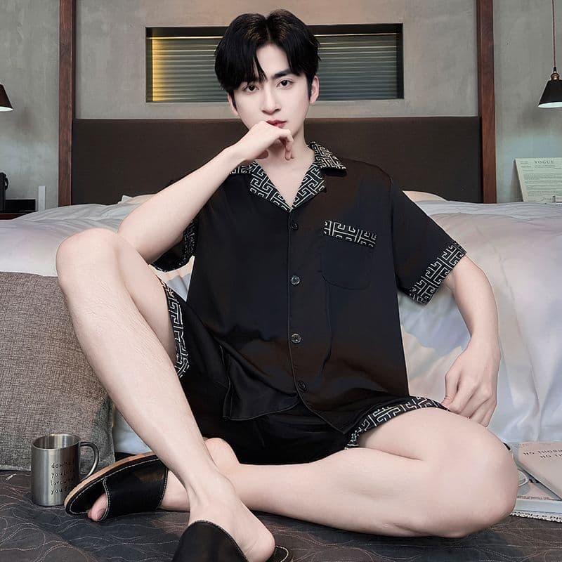 Summer Premium Ice Silk Pajamas for Men, Short Sleeve Cartoon Style, Wearable Outside, Cool and Comfortable Sleepwear