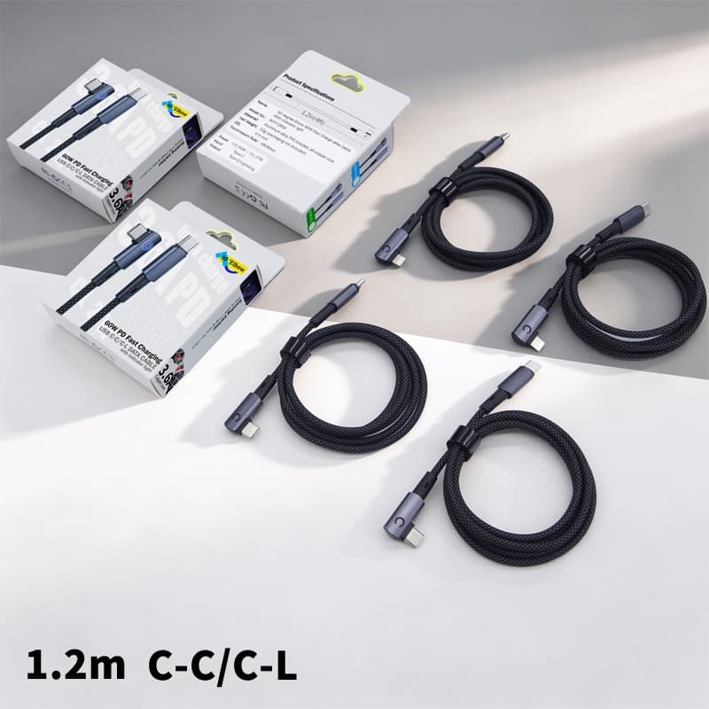Double Type-C single elbow data cable PD 60W fast charging mobile game C-L nylon braided cable for iPhone17