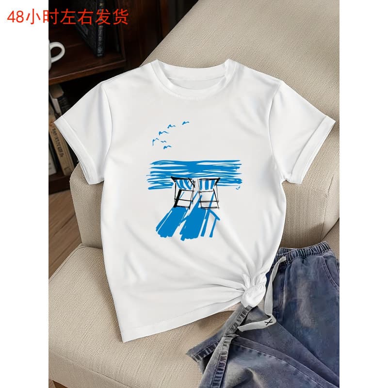 Cross-Border Amazon Women's Casual Short Sleeve T-Shirt - Seagull and Adirondack Chair Pattern Print