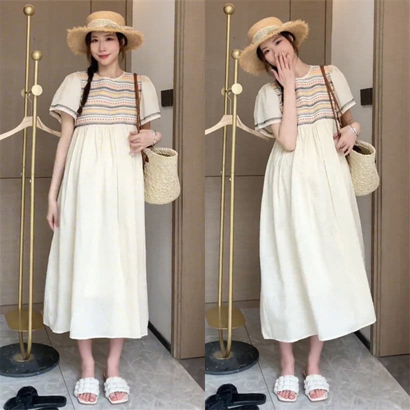 Summer New Fashion Thin Short Sleeve Patchwork Stripe Design Mid-Length Loose Slimming Maternity Dress