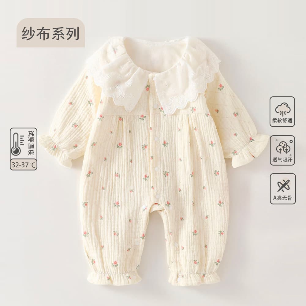 Early Spring Baby Clothes Double Layer Gauze Class A Baby Girl Romper Long Sleeve Lace Collar Newborn Summer