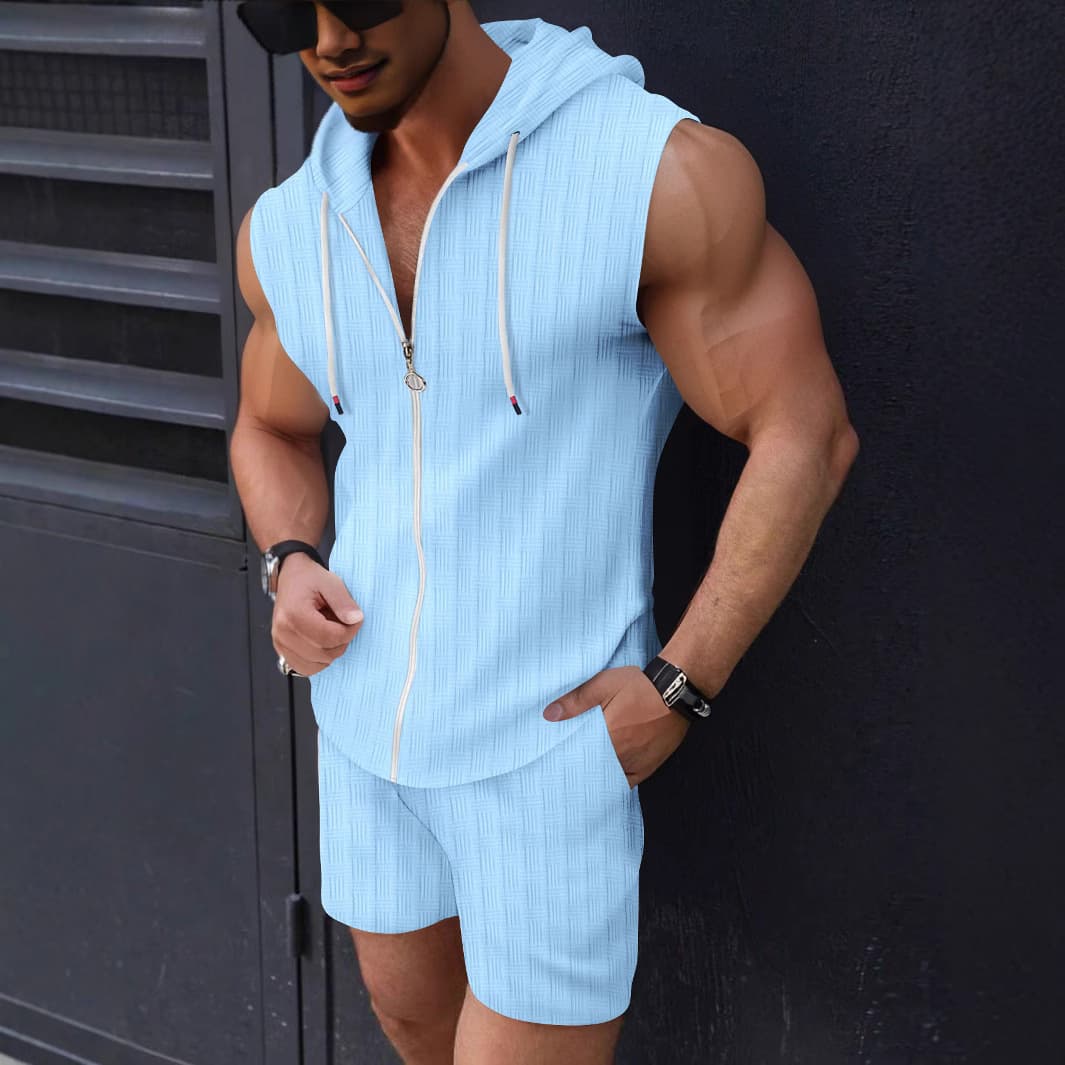 New Summer Men's Hooded Zipper T-Shirt Plaid Hooded Sleeveless Vest Shorts Two-Piece Set