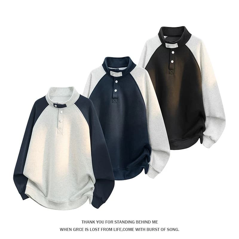 Cross-border New Raglan Sleeve Sweatshirt for Men Half Zip Stand Collar Contrast Color Loose Trendy Henley Neck Pullover