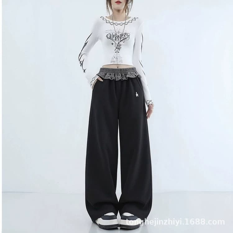 Korean Lazy Style Girls Spring Autumn Casual Pants 2026 New Straight Lace Wide Leg Pants