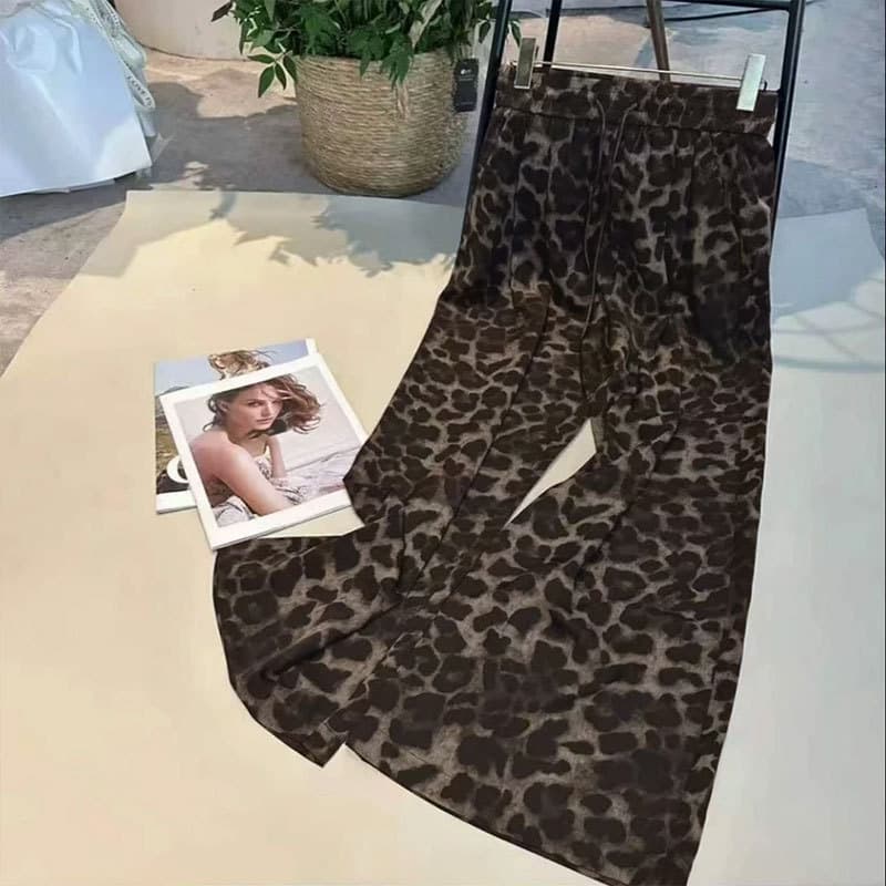 Leopard Print Slim Wide-Leg Pants for Women, Summer High-Waist Casual Style, Elastic Waist, Loose Fit, Slimming and Elegant Long Pants