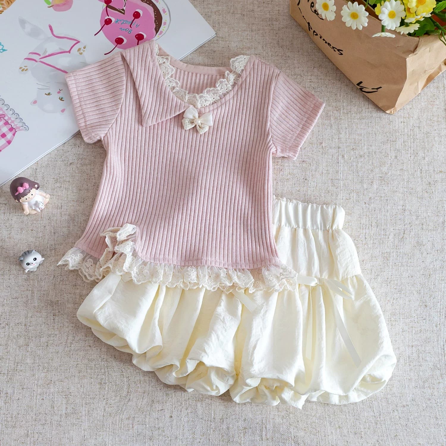 Girls summer suit 2026 new Korean style sweet lace short-sleeved top + puffy pants summer two-piece trendy set