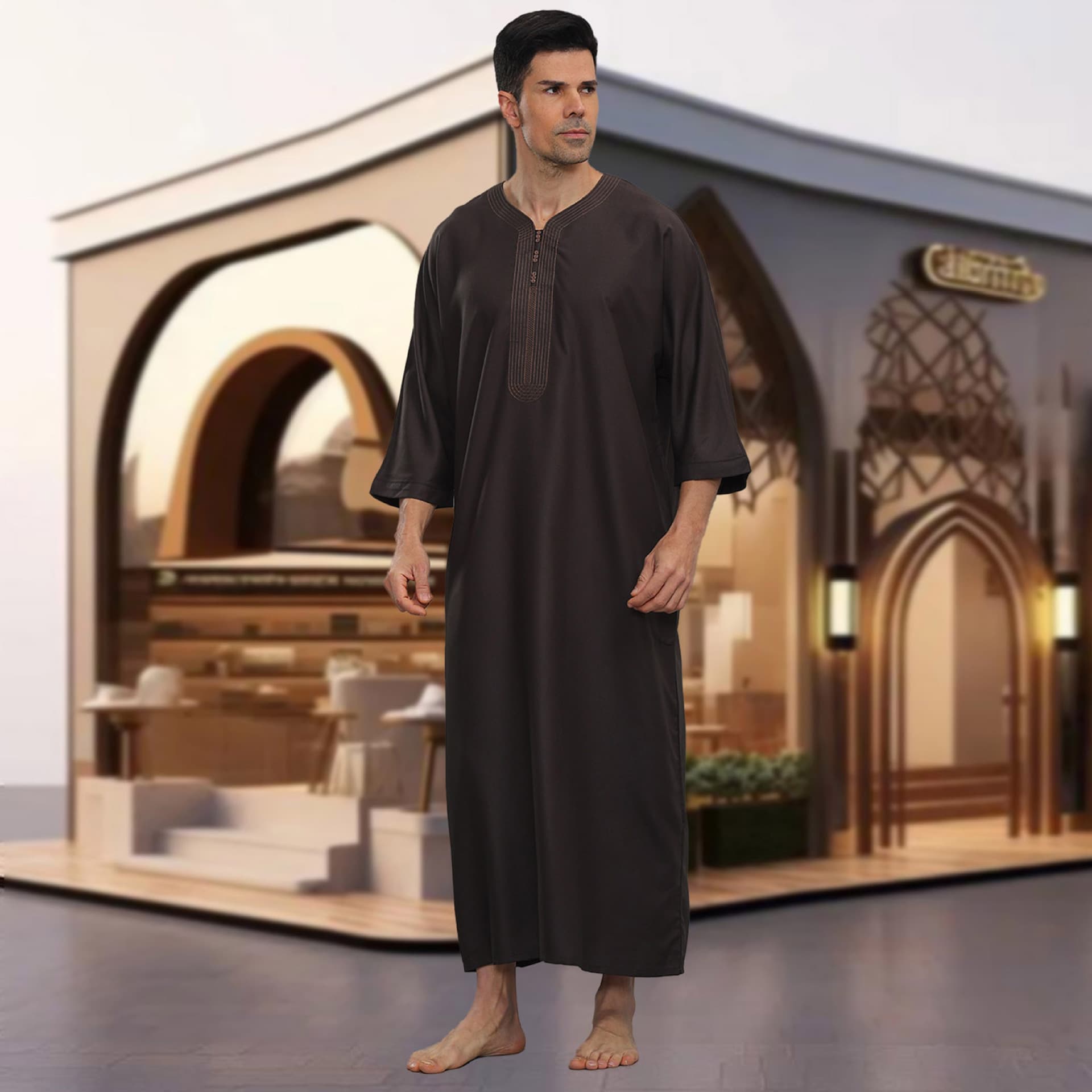 SP0048 Men's Heavy Embroidery Placket Three-Quarter Sleeve Robe Loose Stand Collar Flared Casual Long Robe