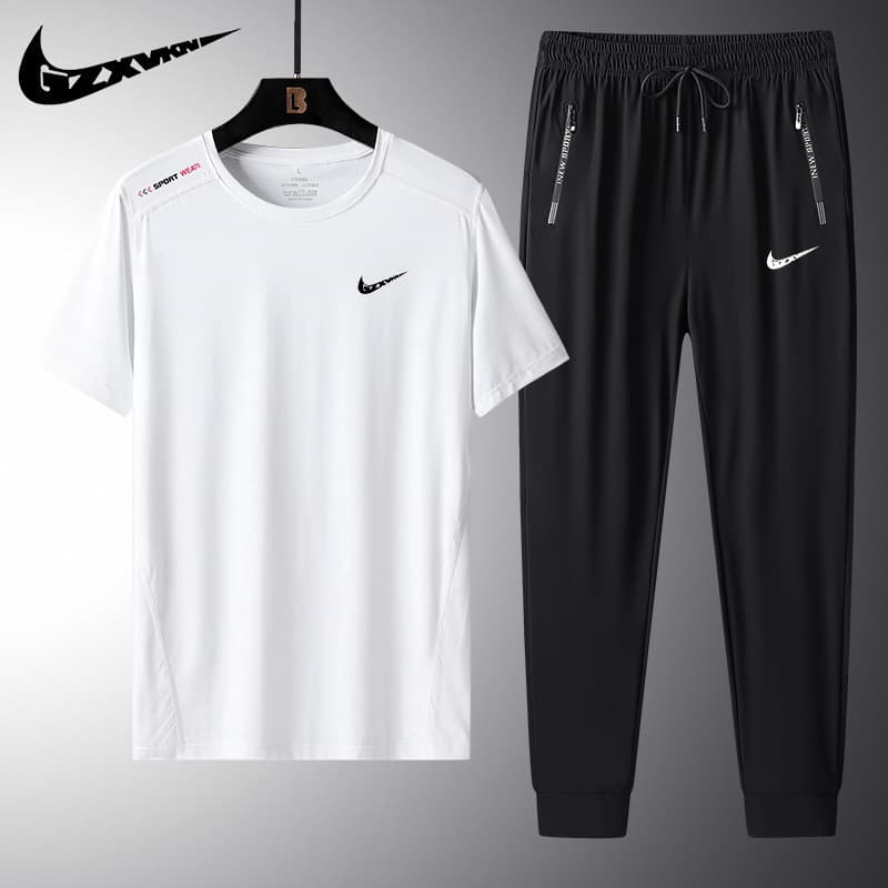 Men's 2026 Ice Silk Sport Leisure Suit, Breathable Thin Short Sleeve T-Shirt / Long Pants Two-Piece Set, Casual and Versatile