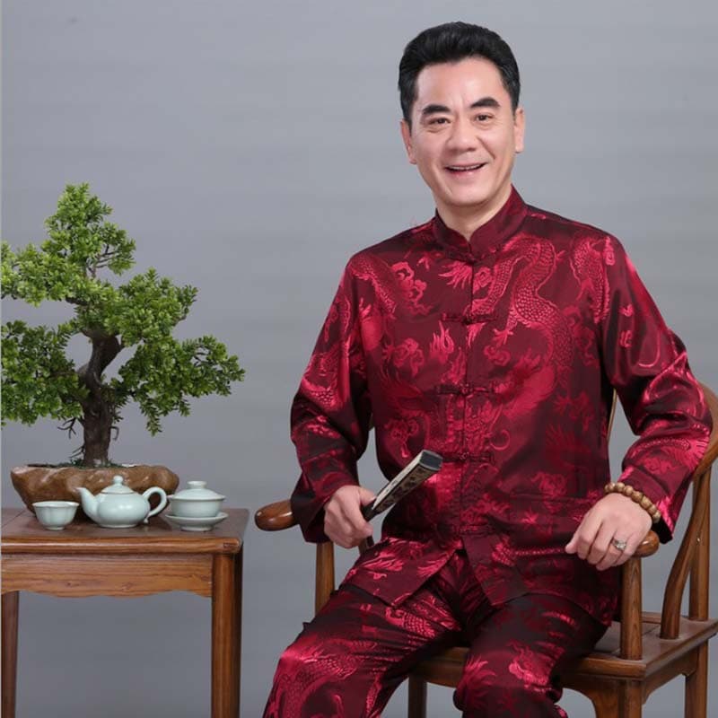 Chinese-style Tang suit for middle-aged and elderly men, birthday celebration, festive Chinese Hanfu, silk satin long-sleeved shirt for fathers.