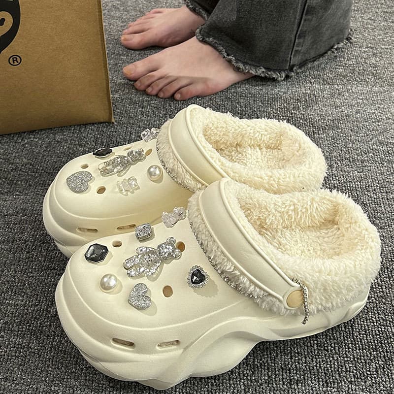 Plush Thick Sole Cotton Slippers Women Autumn/Winter New Outdoor Wear Height-increasing Warm Removable Cartoon DIY Crocs Winter