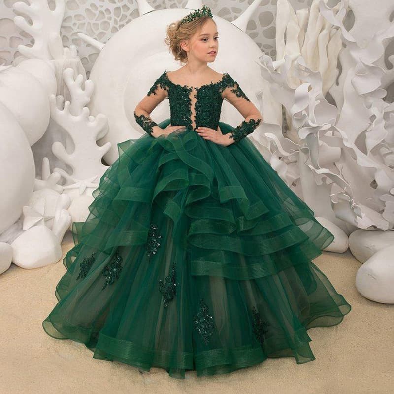 New Cross-Border Trade Source Lace Court Long-Sleeve Princess Dress Performance Ball Flower Girl Wedding Dress Long Train Gown