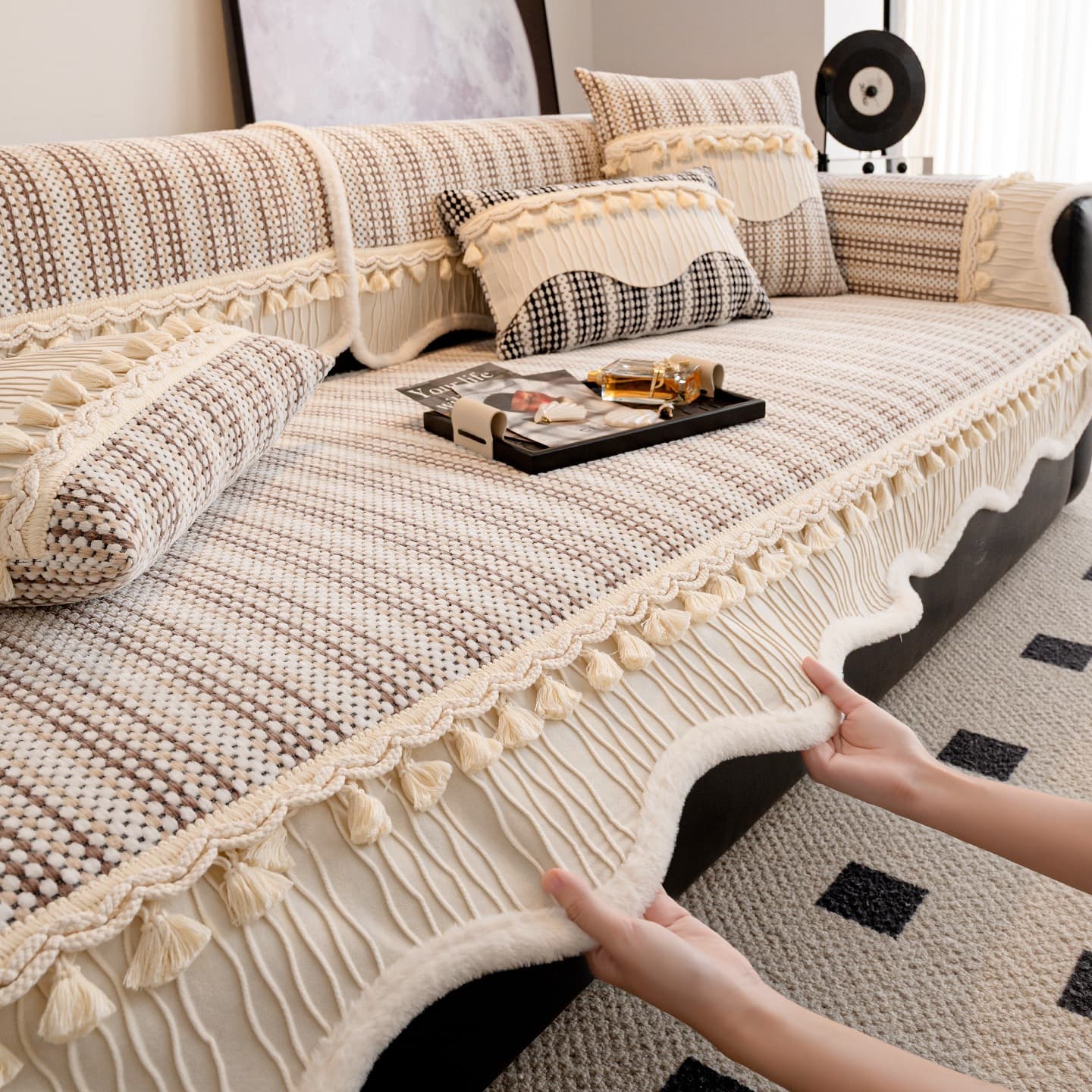 French high-end sofa cushion for all seasons 2026 new special-shaped non-slip seat cushion straight row anti-cat scratch cover cloth towel