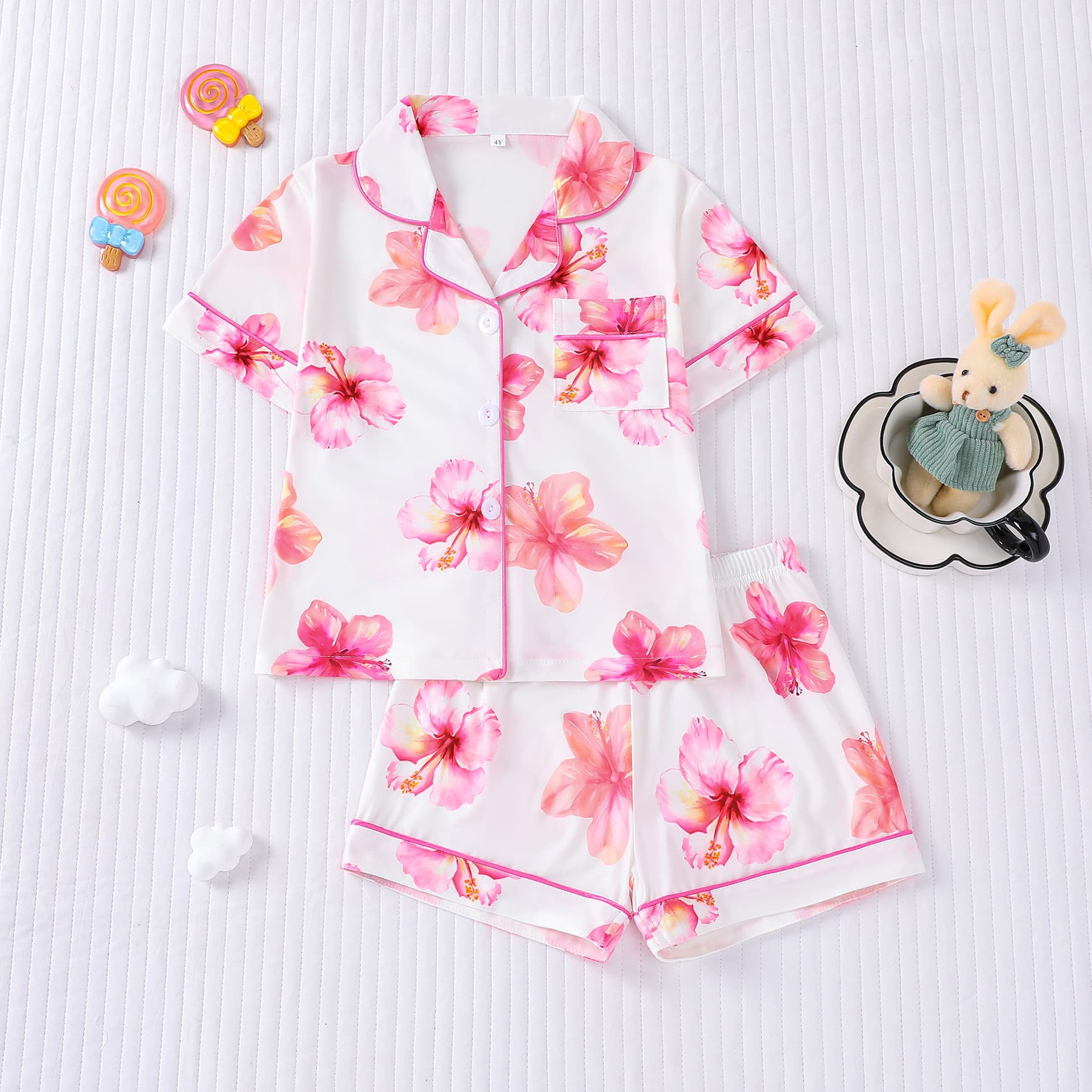 New Cross-Border Trade Four-Season Girls' Pajama Set Short Sleeve Short Pants Cardigan Printed Kid Pajama