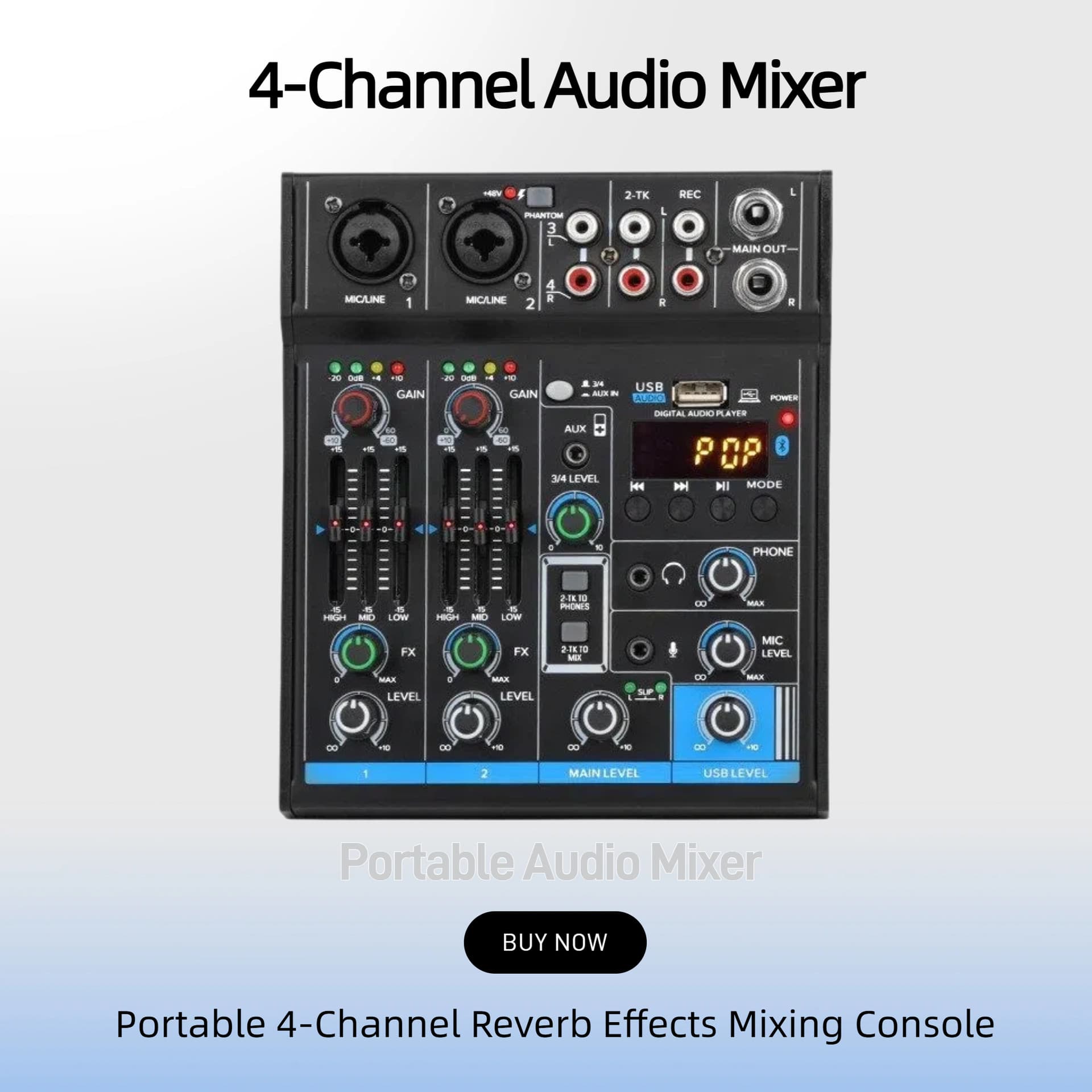 4-Channel Mini USB Computer Sound Card Mixer with MP3 Bluetooth Balanced Reverb Home Band Recording Mixer