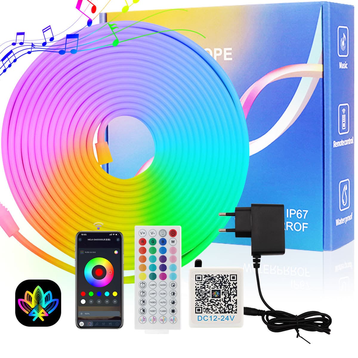 Hot-selling 24V Flexible Neon Strip Light, RGB Bluetooth APP Sound Control Color Box Kit DIY Atmosphere Decoration