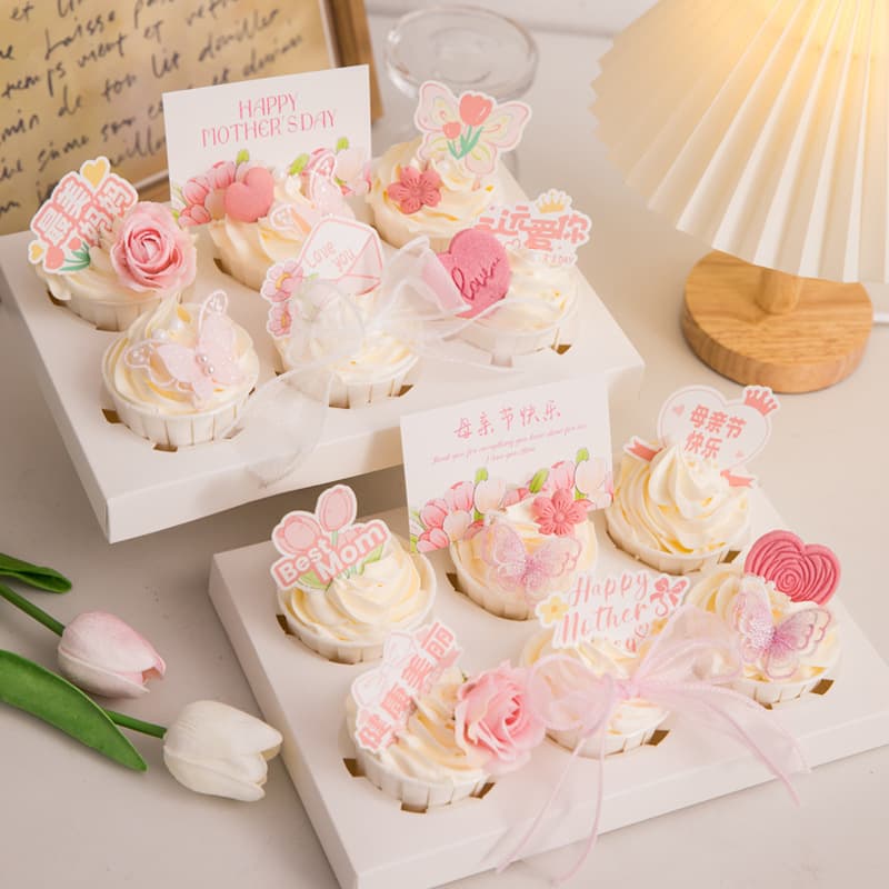2026 Mother's Day Cupcake Decoration Ornaments Tulip Heart Card Fishtail Yarn Bow Dessert Accessories