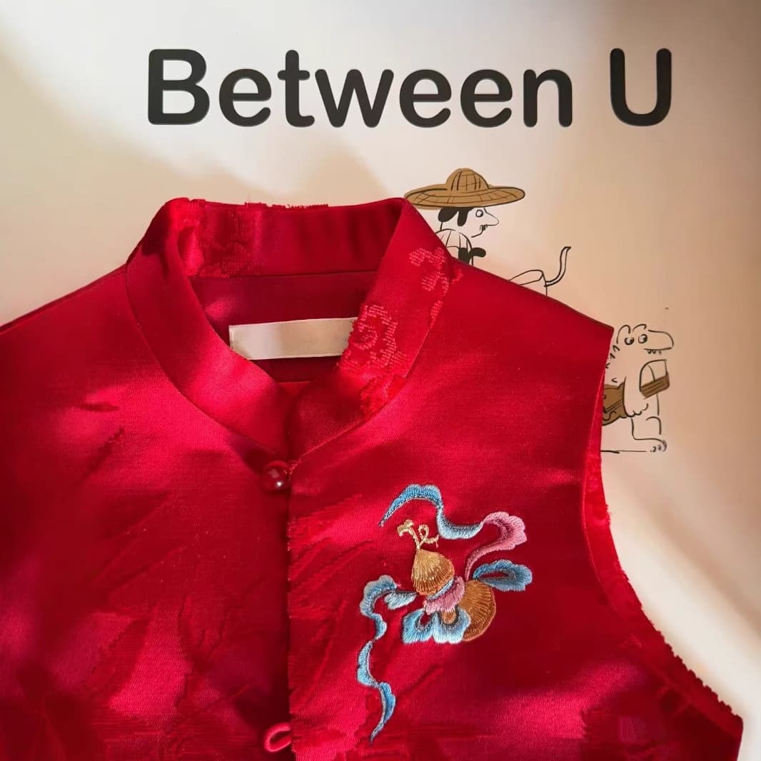 Little Fat Goose Same Style Alternative Imitation Zhang Velvet Children's Vest Fortune Deer Spring/Autumn Chinese Style Vest Thin New Year Battle Robe