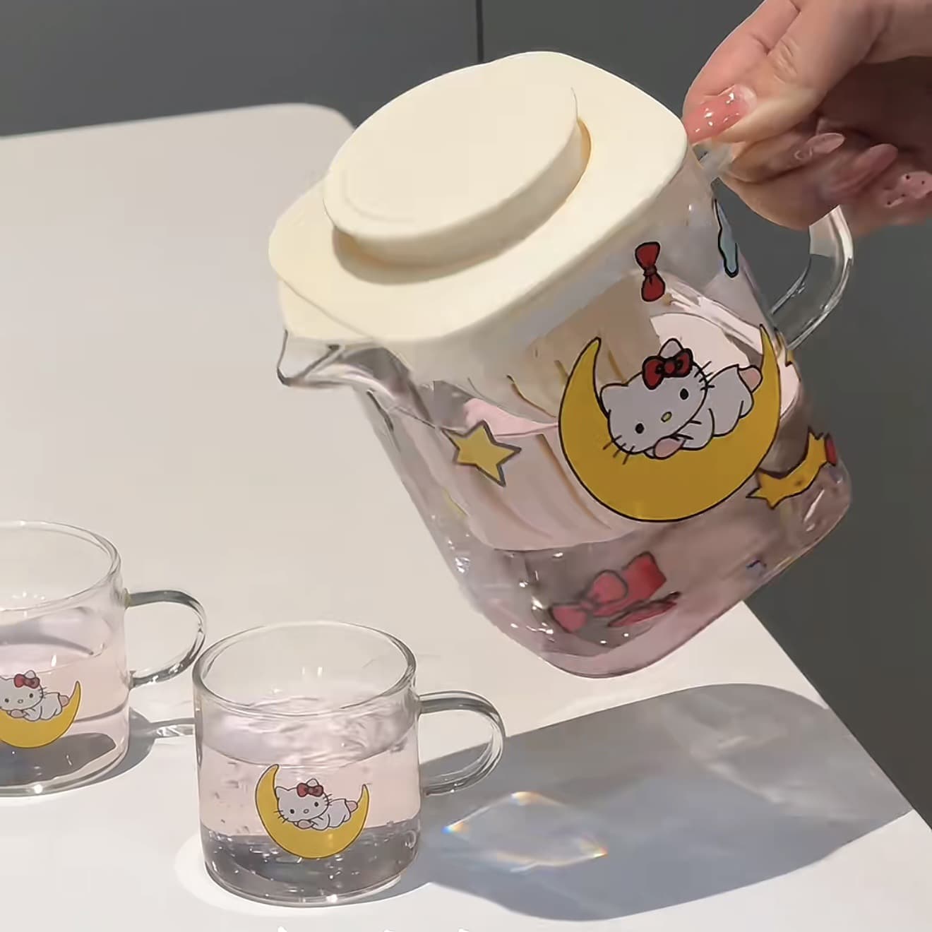 Cute moon cat glass cold kettle cup set household high temperature resistant teapot girl's heart cool kettle belt