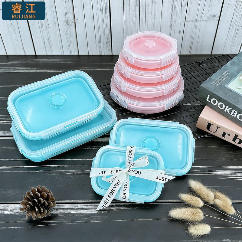 Silicone Foldable Lunch Box 4-Piece Set, Kids Bento Box Microwave-Safe, Portable Outdoor Fresh-Keeping Container