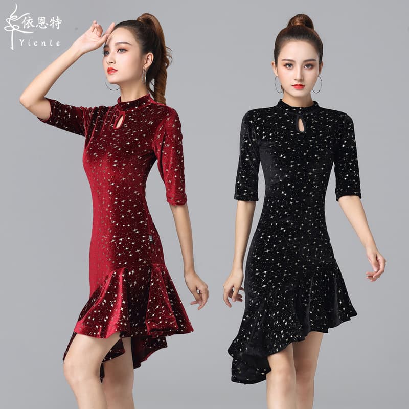 Latin dance costume, adult autumn/winter new style, velvet cha-cha dance dress, performance practice costume.