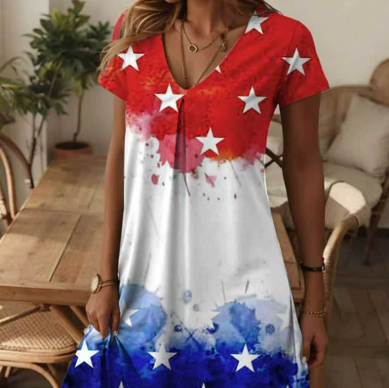 Cross-border American Independence Day gradient star print dress women's V-neck short-sleeved loose A-line midi skirt European and American vacation