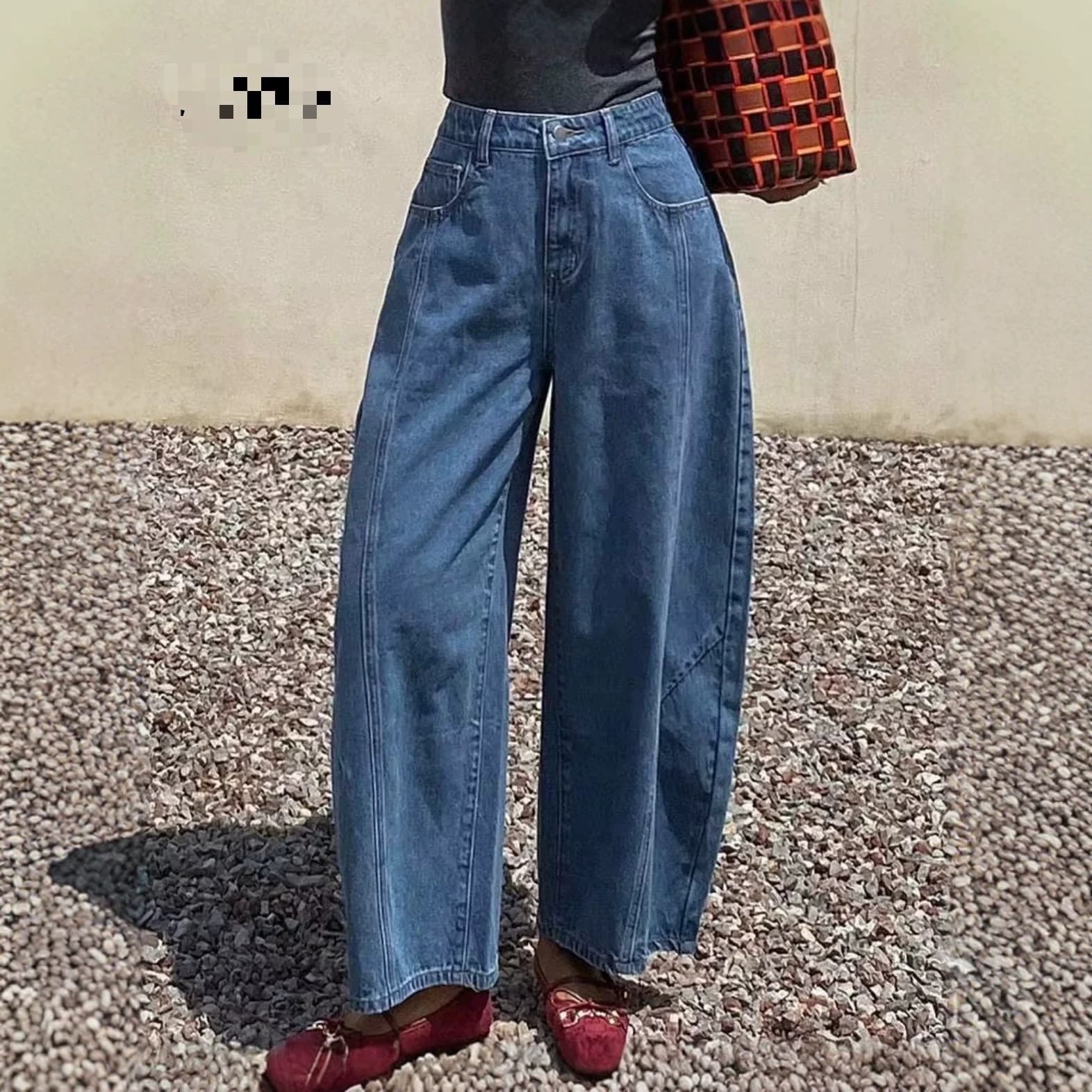Retro blue scimitar jeans for women 2026 new loose straight wide leg pants eight-quarter jeans