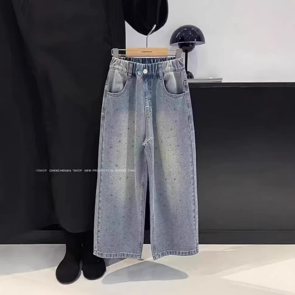 Girls jeans spring new style girls loose hot diamond wide leg pants versatile starry hot diamond denim single pants cotton
