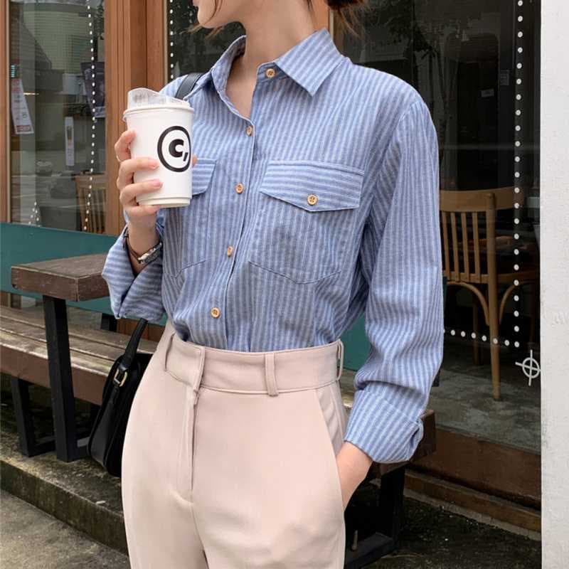 Korean style POL collar rib striped loose shirt for women 2025 new dropped shoulder long sleeve versatile shirt inside and outside large size