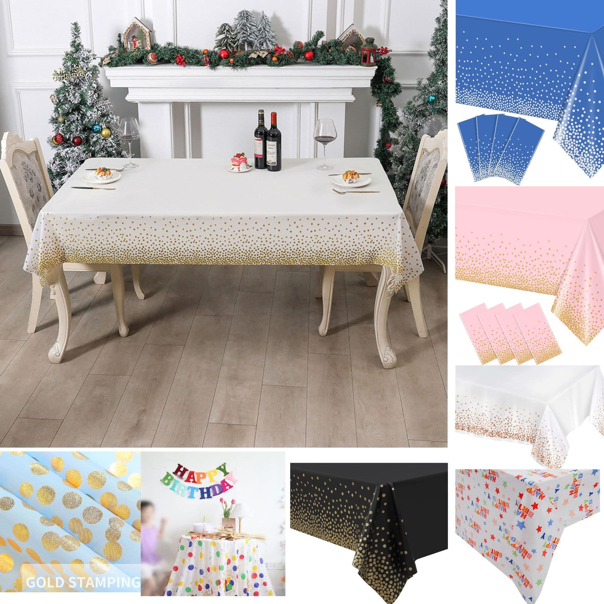 Ready Stock PE Rectangular Tablecloths with Gold Dots, Waterproof and Oil-proof for Halloween Party Decorations, Eco-friendly Factory Direct